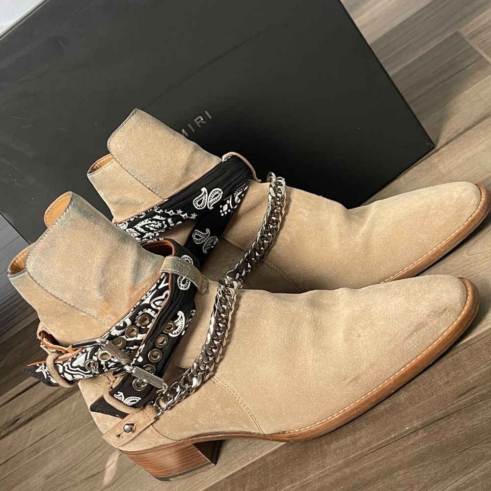 AMIRI Beige Ankle Boots with Chain and Bandana